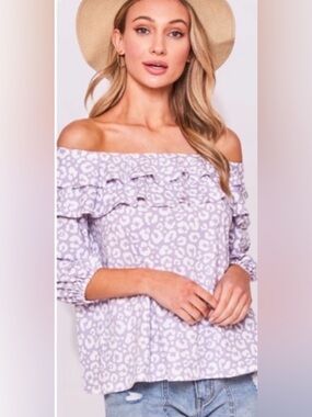 New Lavender White Leopard Print Ruffle Spring Summer Women’s Pretty Top